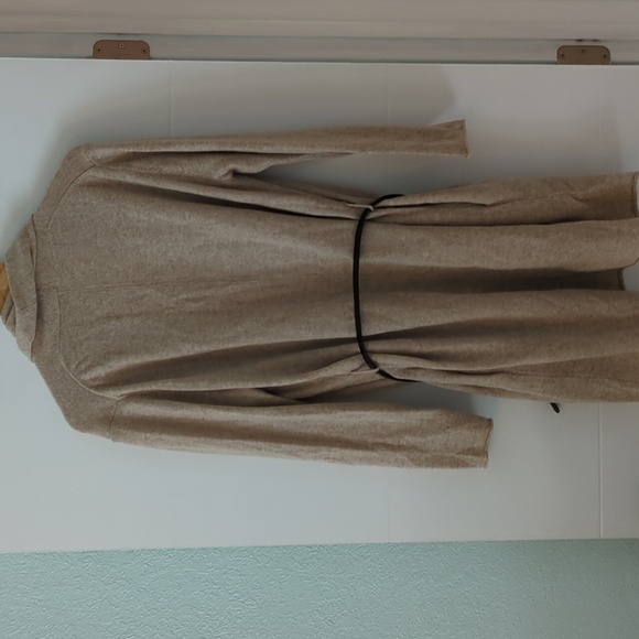 Red Envelope Tan Long Line Cardigan Cashmere Cozy Sweater W Shawl Collar+ Belt M - Picture 6 of 6